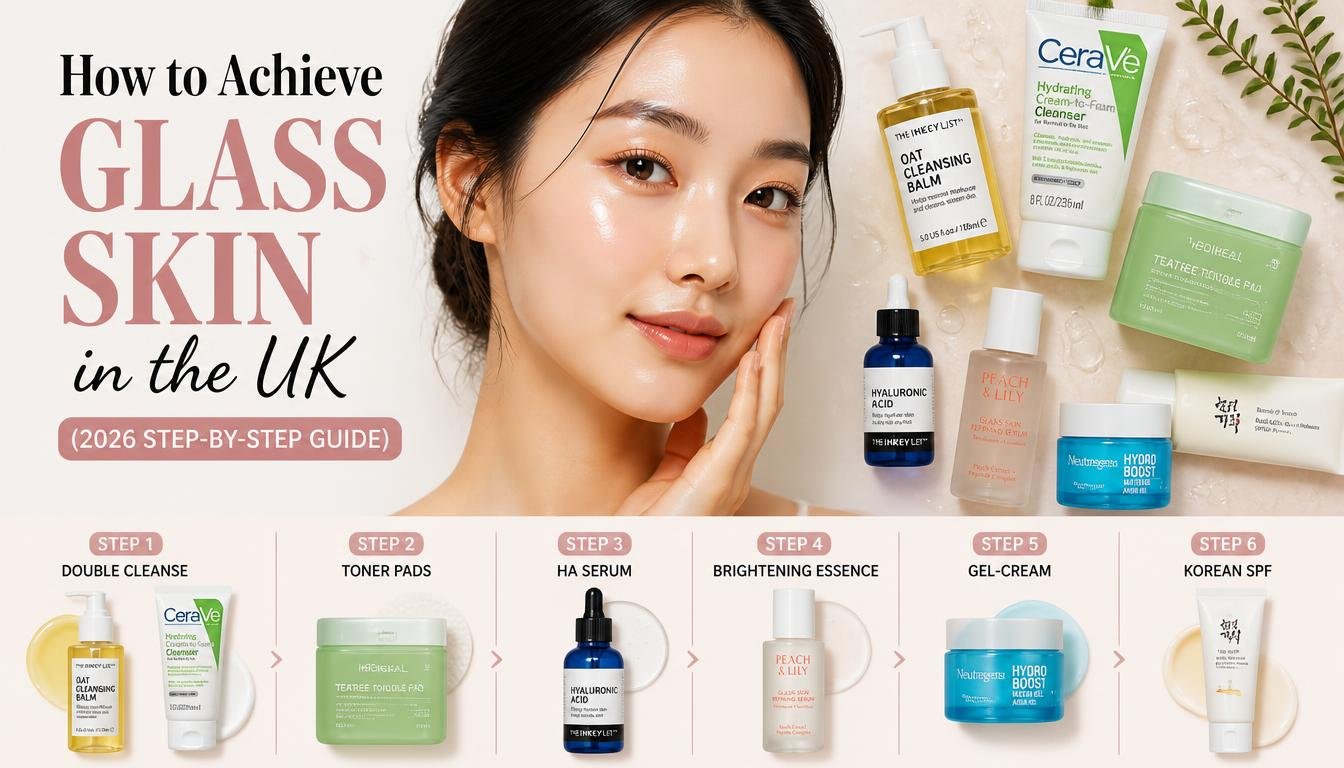 Woman with glowing glass skin in natural light — UK glass skin guide by Qobey